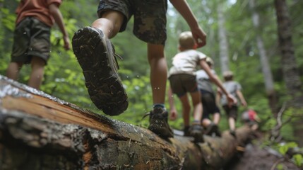 A group of children climbing over a fallen tree using their hands and feet to navigate the obstacle.