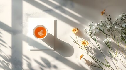 Minimalist Aerial Photography Spring Florals Meet Elegant Tea Cup in Bright, Airy Scene