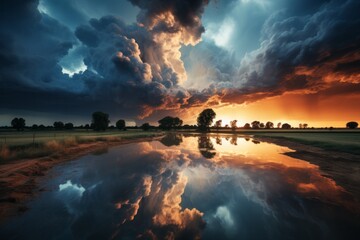 Clouds, trees, and sky reflected in the serene lake at dusk - obrazy, fototapety, plakaty