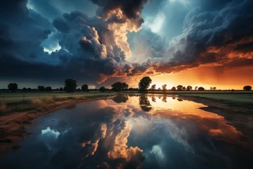 Printed kitchen splashbacks Reflection Clouds, trees, and sky reflected in the serene lake at dusk