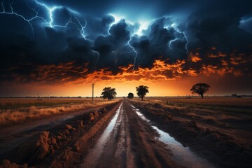 Lightning storm above a dirt road in the natural landscape - obrazy, fototapety, plakaty