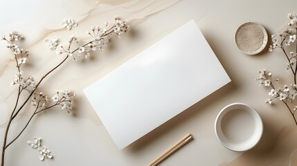 Minimalist Spring-Themed Wedding Invitation Template with Cherry Blossoms and Copper Chopsticks on a Beige Table