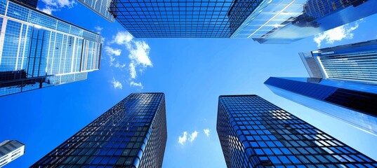 Gleaming modern skyscrapers of business offices set against a vivid clear blue sky
