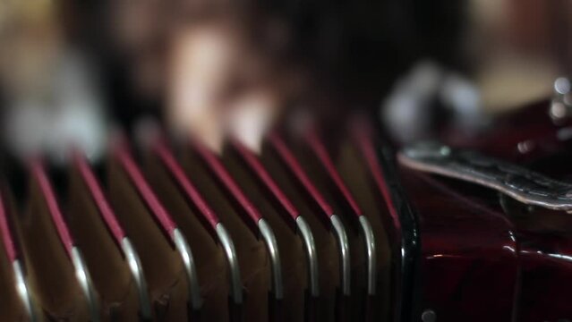 Young Blurred Boy Playing An Old Red Piano Accordion. Close Up.