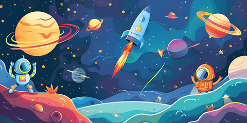 Obraz premium pattern with space for text, Cartoon kid astronaut and alien in outer space starry galaxy landscape vector background 