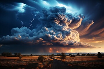 Cumulus cloud with lightning over field at dusk, dramatic natural landscape