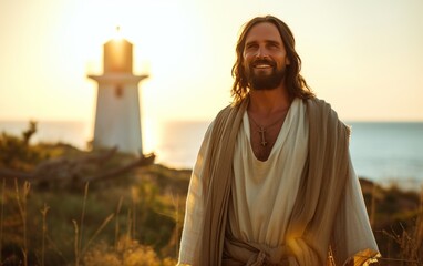 Smile Jesus stands near a lighthouse by the sea.