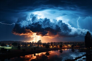 Dramatic lightning storm above water, city skyline in background