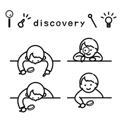 虫眼鏡でのぞく人のイラストセット　モノクロ線画　