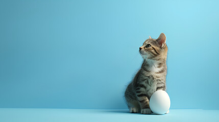 A cute cat with an  egg on a blue background with copy space, an abstract poster for sales and marketing 