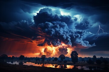 A menacing cumulus cloud crackles with lightning in the sky
