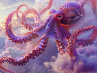 Fototapeta premium Octopus flying, clouds backdrop, detailed 3D render, fantasy concept