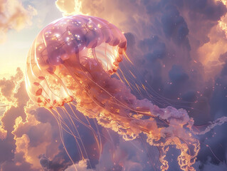 Close-up of a jellyfish in the sky, bathed in sunset light, merging ocean with the cloudscape.