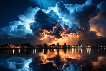 Fototapeta na wymiar Cumulus clouds fill the dusk sky over the calm lake during a lightning storm