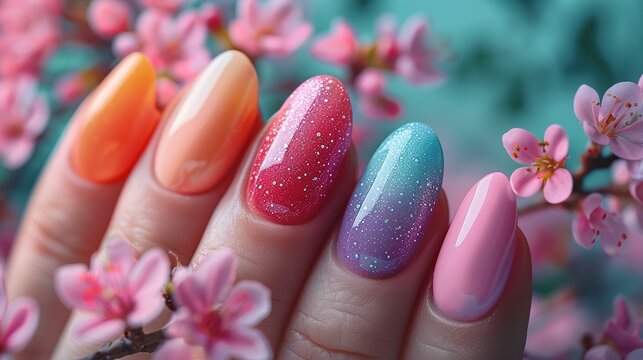 Female hands with beautiful Easter inspired pastel colors nail design on long almond form nails. Woman hands with trendy polish manicure on background with spring flowers