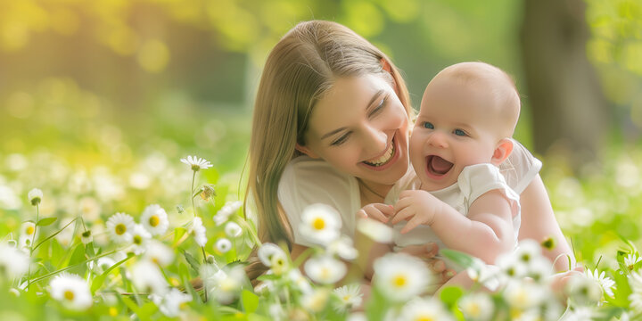 Smiling mother and baby having fun outdoors in nature. Heartwarming portrait of a happy family. Mom and Baby soft focus with space for text
