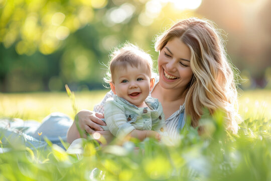 Outdoor portrait capturing the happiness of a mother and baby playing together in nature. Mom and Baby soft focus with space for text