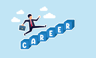 Career advancement personal growth, job promotion, experience, and increased responsibilities concept, smart confident businessman running fast on career stairway rising up to achieve success.