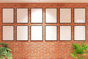 Background of red brick wall & frame mock up on the wall. Design 3d rendering of white and light wood. Design print for illustration, presentation, mock up, interior, zoom, background. Set 6