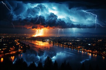 Glowing city skyline silhouetted against stormy clouds over a river