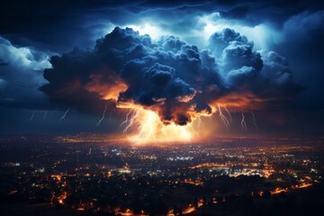 Fototapeta na wymiar Thunderstorm brewing over city under nighttime sky