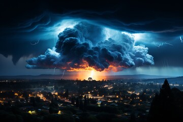 Fototapeta na wymiar A cumulus cloud with lightning hovering above a city skyline in the night sky