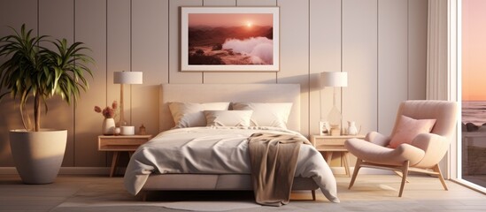 Mock up poster frame in a cozy bedroom decorated with stylish furniture, illustrated.