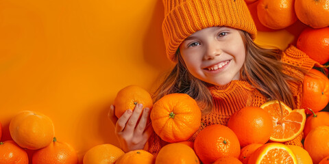 Fototapeta na wymiar a young girl holding oranges, wearing an orange knit hat and sweater, generative AI