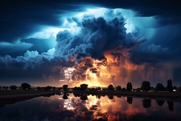 Dramatic cumulus cloud with lightning above water at dusk