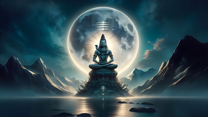 a buddha statue sitting on a rock with the moon in the background, lord shiva