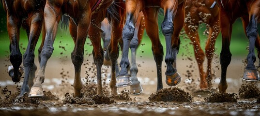 Intense horse racing competition  view from ground level on powerful hooves in action - obrazy, fototapety, plakaty