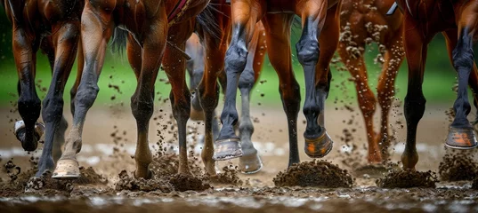 Fotobehang Intense horse racing competition  view from ground level on powerful hooves in action © Andrei