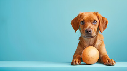 A cute dog with an  egg on a blue background with copy space, an abstract poster for sales and marketing 