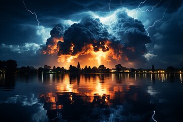 Dramatic lightning storm above a lake with a fiery ball in the sky at dusk