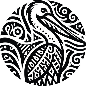 pelican, bird, animal silhouette in ethnic tribal tattoo,

