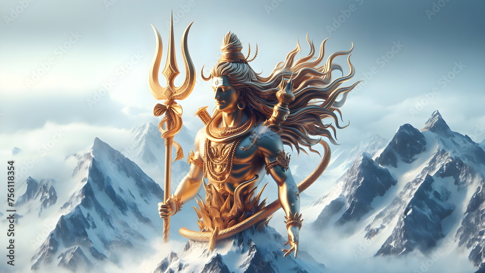 Wall mural a close up of a golden trident on a snowy mountain, god shiva the destroyer