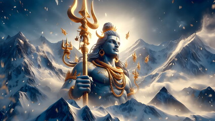 a close up of a golden trident on a snowy mountain, god shiva the destroyer
