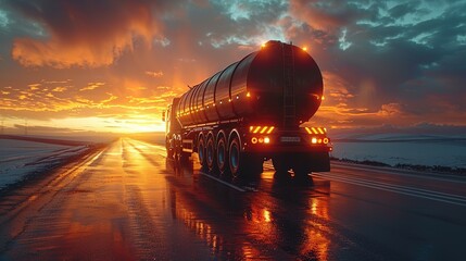 Rear view of big metal fuel tanker truck in motion shipping fuel to oil refinery against sunset sky