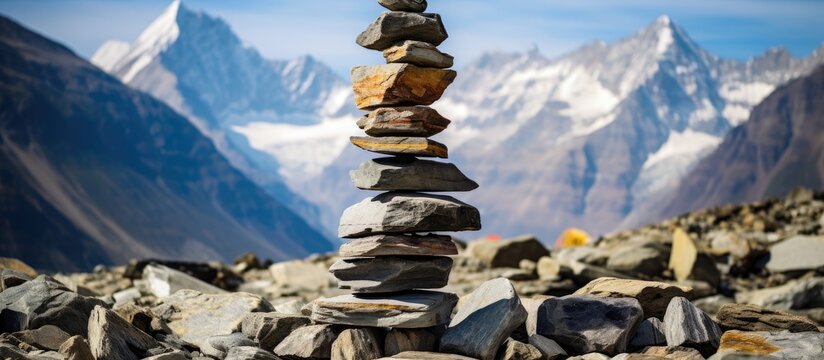 A stack of rocks in front of a majestic mountain, surrounded by a natural landscape. The sky is filled with fluffy clouds and snowy peaks. A beautiful travel destination for nature lovers