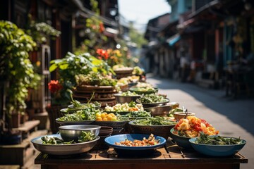 Tableware filled with bowls of various natural foods on a city street - obrazy, fototapety, plakaty