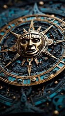 Obraz premium Blue and Gold Clock Face with Intricate Designs and Sun Symbol 