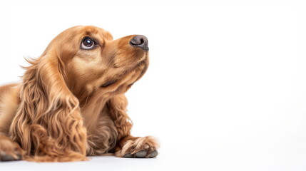 Close up of the side of the face of a brown English Cocker Spaniel dog lying down in a studio with a white background and looking up. Pet advertising concept. Copy space. Generating AI