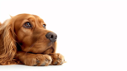 Close up of the side of the face of a brown English Cocker Spaniel dog lying down in a studio on a white background. Pet advertising concept. Copy space. Generating AI - obrazy, fototapety, plakaty