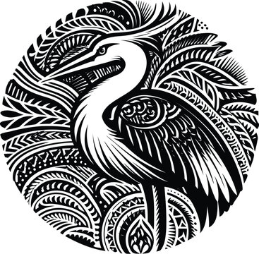 heron, crane, egret bird, animal silhouette in ethnic tribal tattoo,