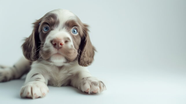 A baby Cocker Spaniel puppy with mixed black and white fur is lying down in a studio on a light gray background, looking at the camera. Pet advertising concept. Copy space. Close-up. Generative AI
