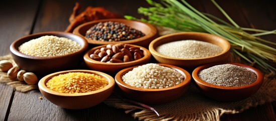 A variety of rice types served in bowls on the table, showcasing different cuisines and ingredients