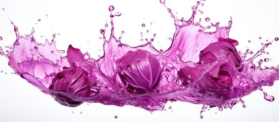 Vibrant purple flowers are floating in a pool of violet liquid against a white backdrop, creating a...