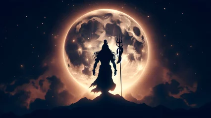 Fotobehang a silhouette of lord shiva with a spear standing in front of a full moon © Borneo