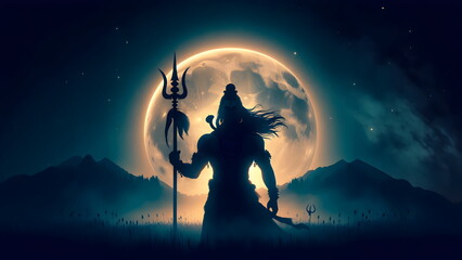 a silhouette of lord shiva with a spear standing in front of a full moon