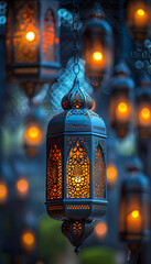 A row of lanterns with candles hanging from a chain creates a warm glow against the building facade at dusk, lighting up the city street